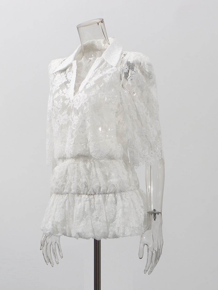 Lace Hollow Famous Style Suit 2025 New Women's Summer Shirt + Ultra-Short Skirt Solid Color
