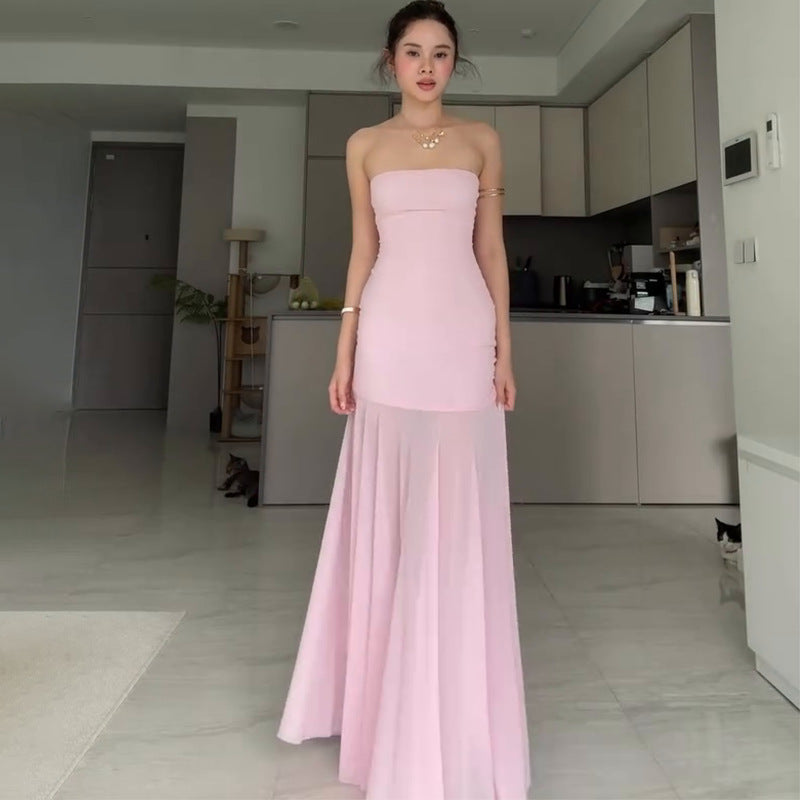 2025 New Solid-Colored Sleeveless Chest-Width Roll-Back Hip-Upper Dress