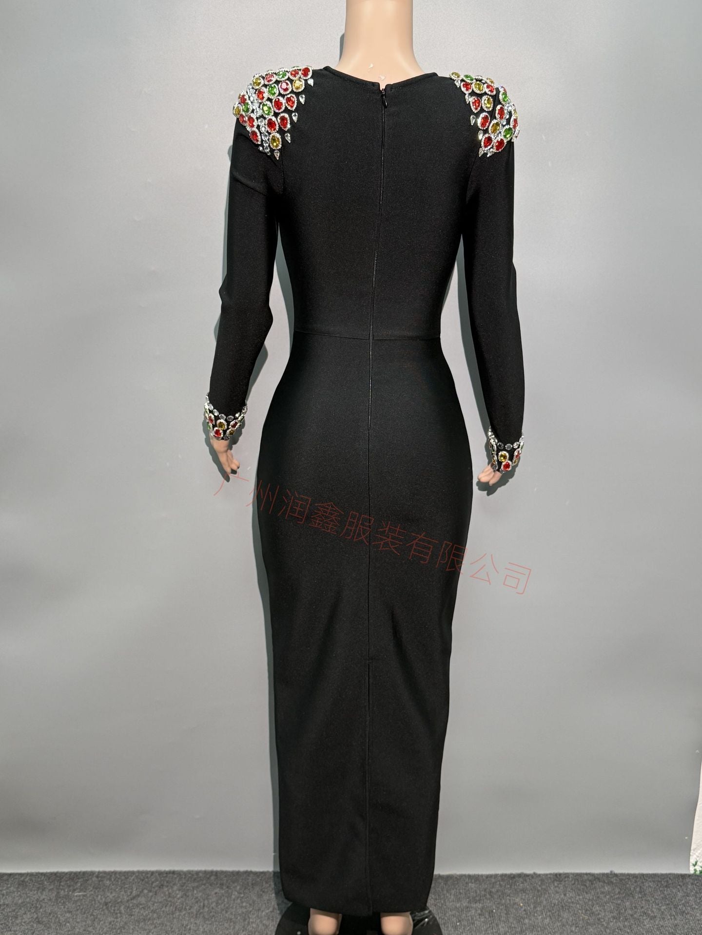 Autumn/Winter Dress French Women's Dress Handmade Color Diamond Long-Sleeved Collar Knitted Evening Dress