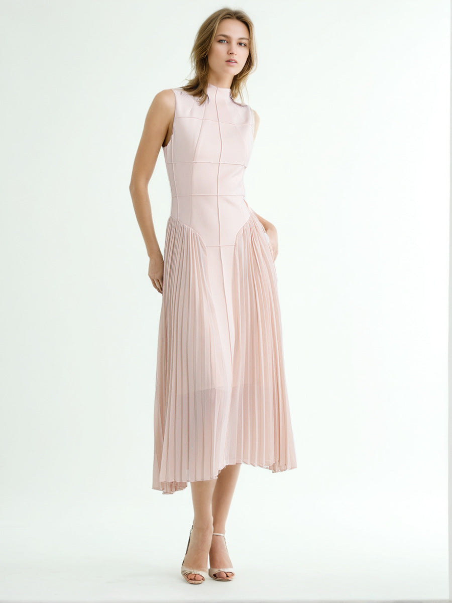 Simple Temperament Light Style Long Dress 2025 Spring New Collar Sleeveless Pressure Folding Dress Woman