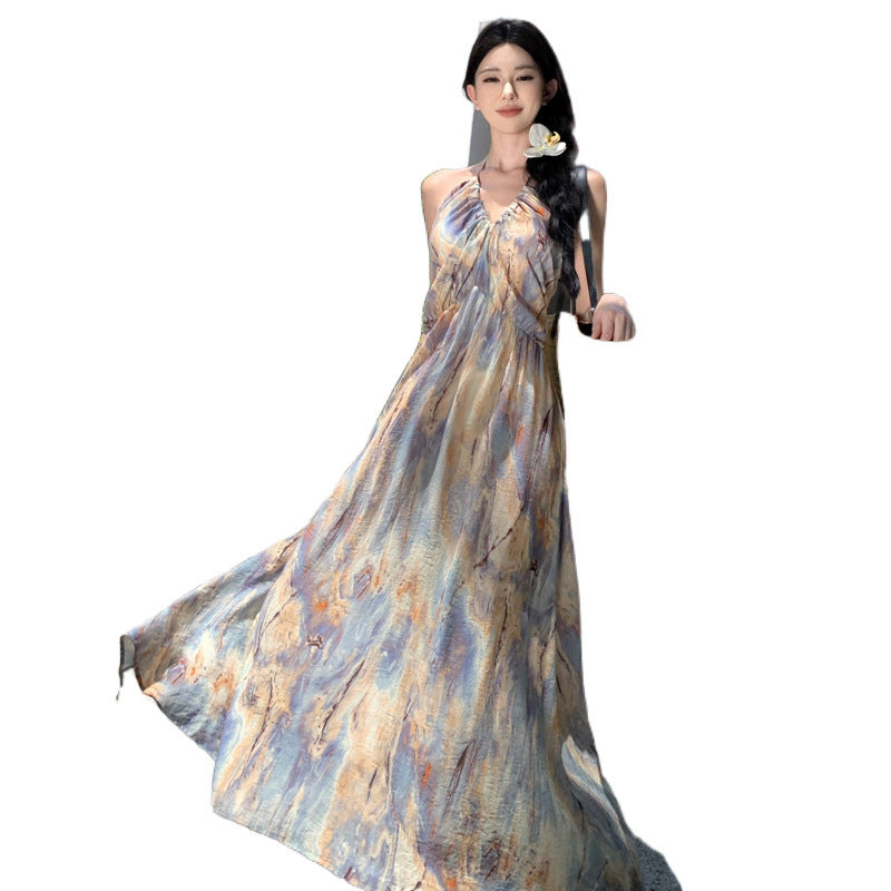 Retro Oil Painting Smashed Flowers To Take The Sling Dress To The Waist Dress Seaside Holiday Showback Beach Dress Woman