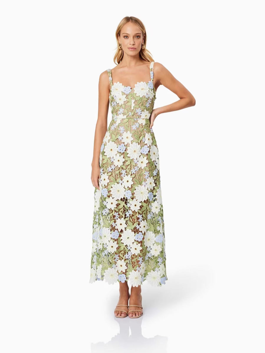 New Sling With Brated Flowers Decorated With Hollow Long Dress Women