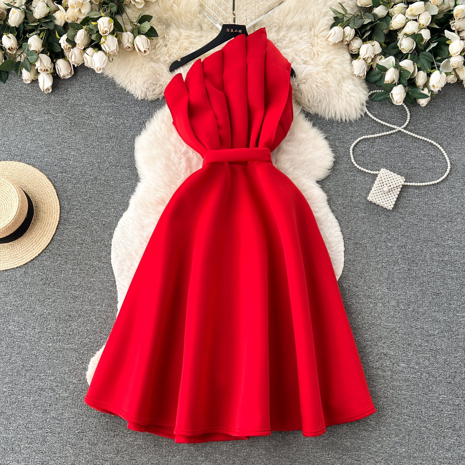A line One Shoulder Ruffles Holiday Dresses Midi Length Women's Dress SD1277