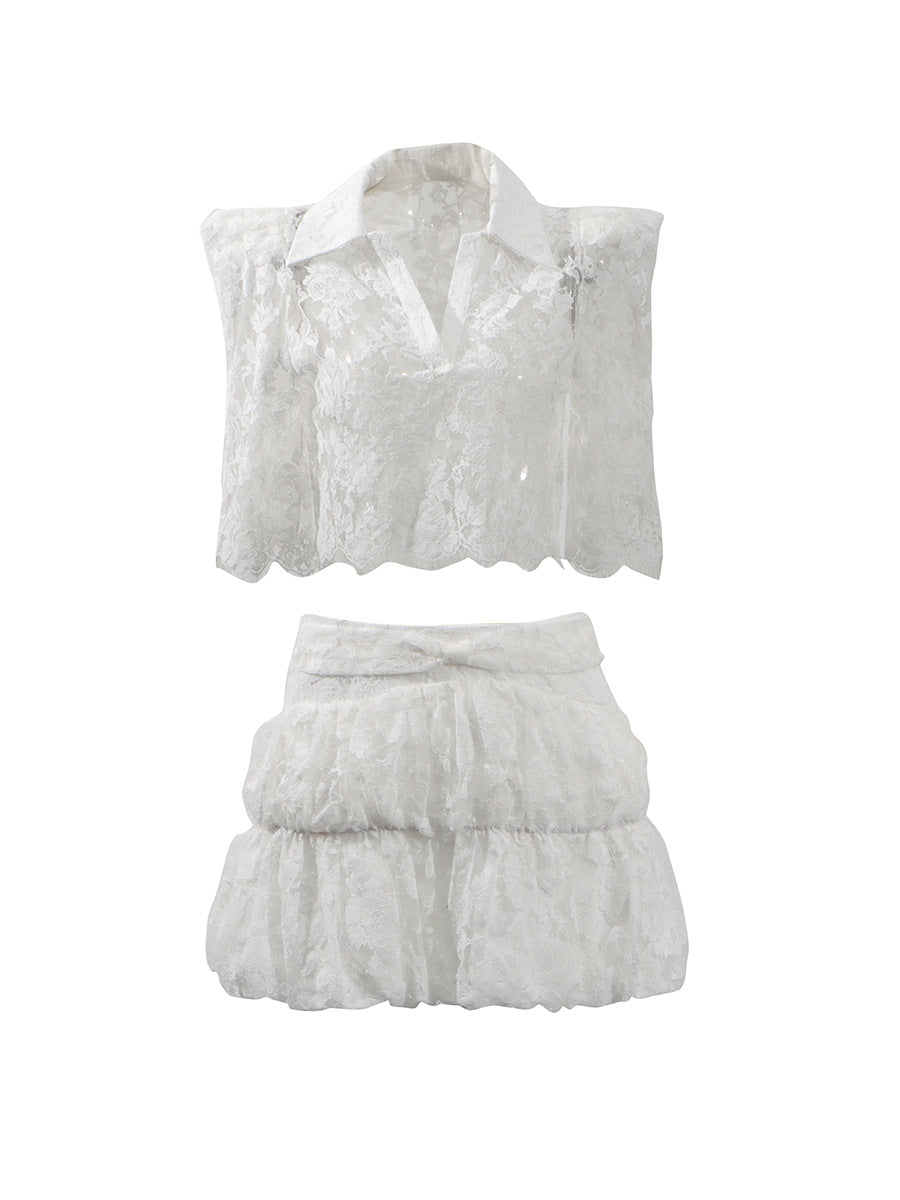 Lace Hollow Famous Style Suit 2025 New Women's Summer Shirt + Ultra-Short Skirt Solid Color