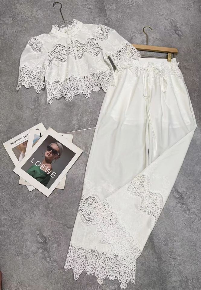 Collar Short-Sleeved Lace Top + Tight Waist Tie With Lace Spliced Wide Leg Trousers Set Woman