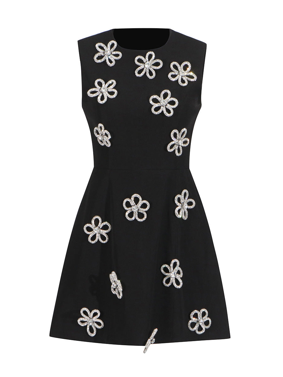 Elegant Wind Vest Dress 2025 Summer New Round Neck Nail Diamond Flowers Solid Color Short Dress Dress Woman