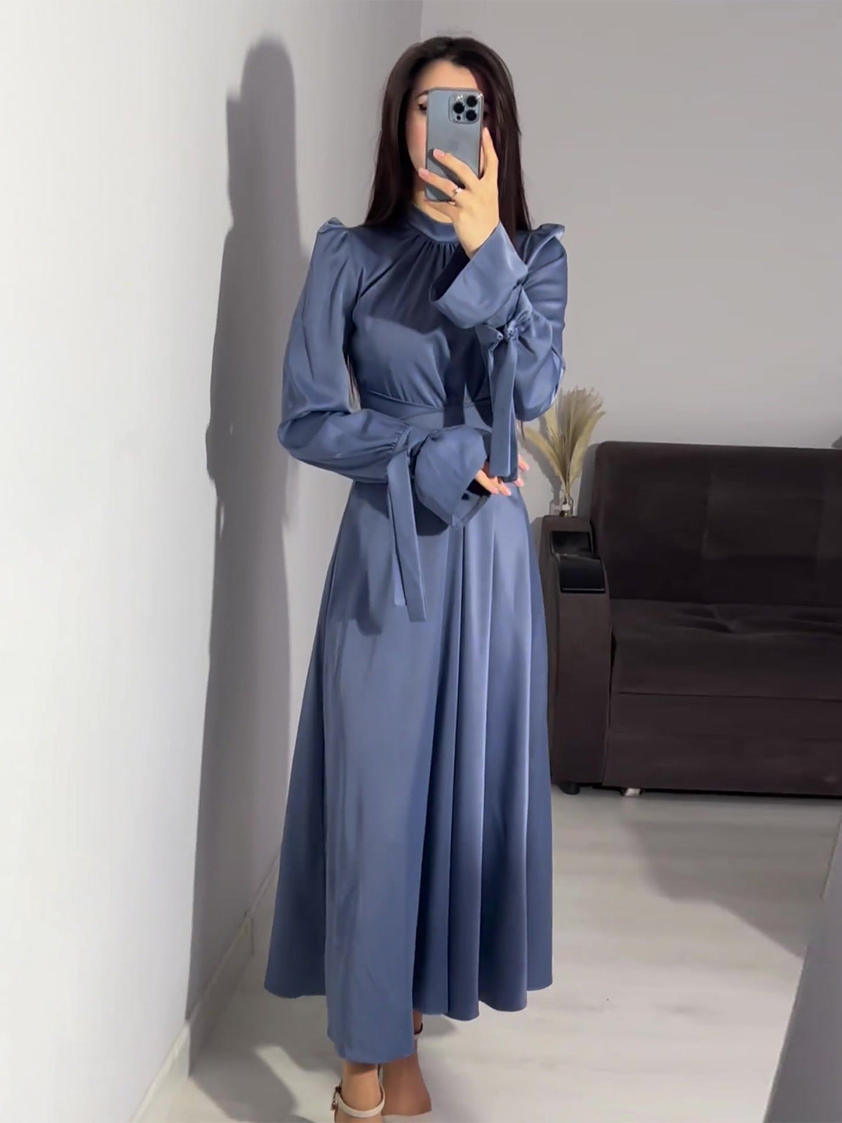 2024 New Waist-Skinny Strap Solid Color Long-Sleeved Dress Design Dress Dress Woman