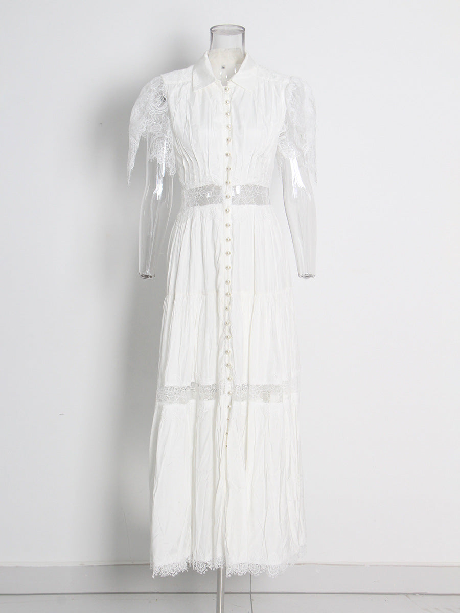 Black Rose Lace Stitched 2025 New Women's Summer Collar Short-Sleeved Long Solid Dress