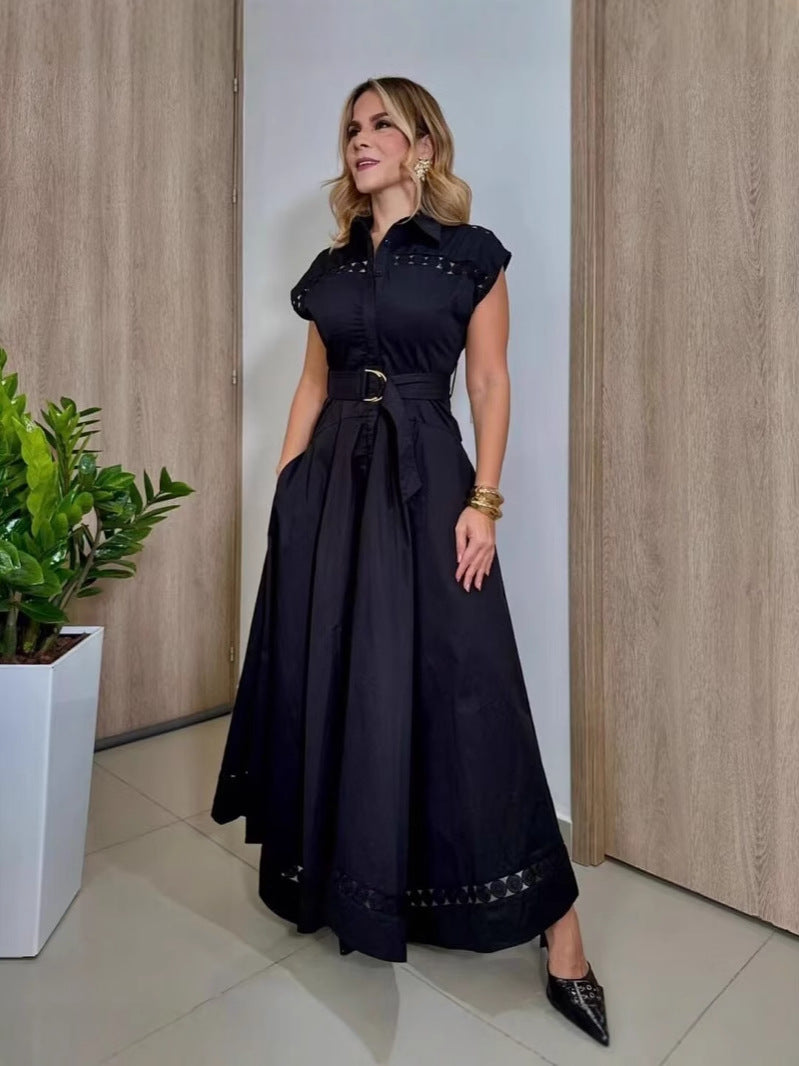 Spring And Summer Holiday Wind Collar Lace Splicing Hollow Belt Shirt Dress Dress