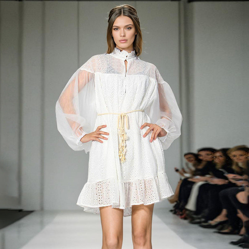 Vintage Dress Women's Dress 2025 Spring New Stand-Necked Lace Lantern Sleeve With Short Skirt