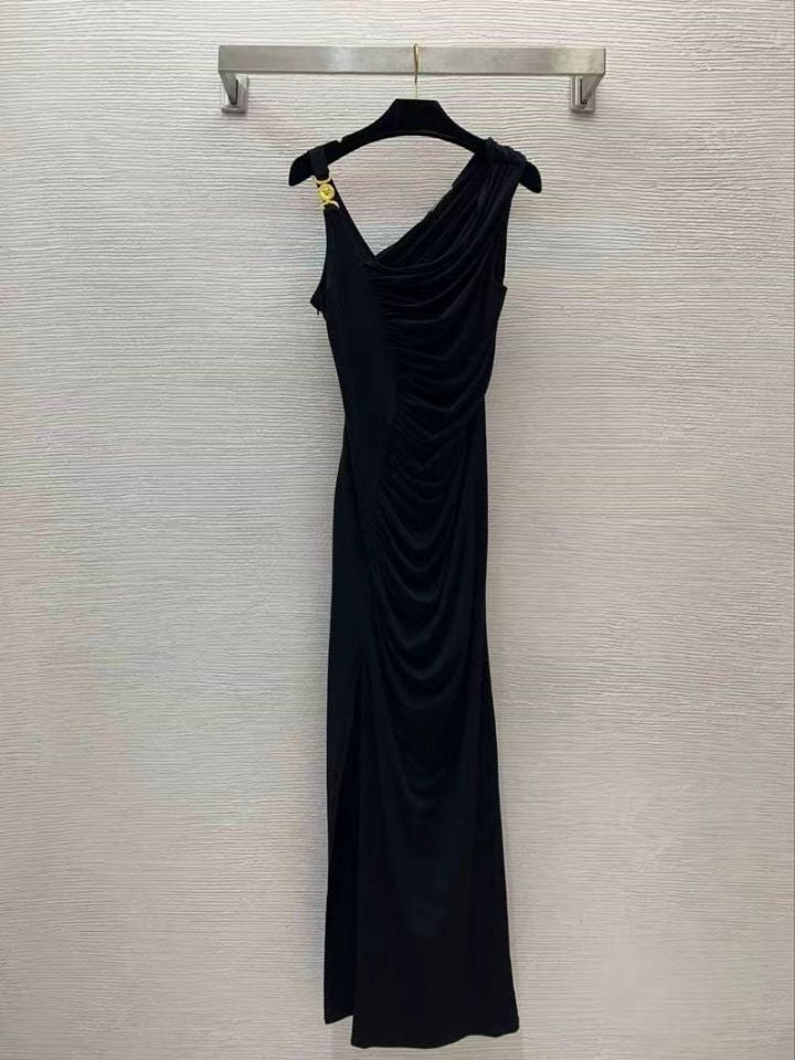 Luth Star Of The Same 2024 Summer Famous Temperament Folded Asymmetrical Shoulder Opening Black Dress Dress