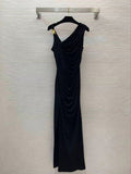 Luth Star Of The Same 2024 Summer Famous Temperament Folded Asymmetrical Shoulder Opening Black Dress Dress