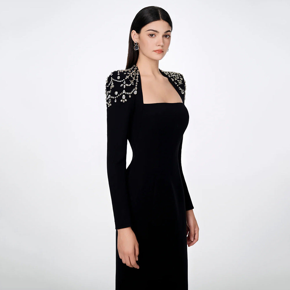 Temperament Square Collared Diamond With Long Sleeve Banded Dress Dress For Party Dinner