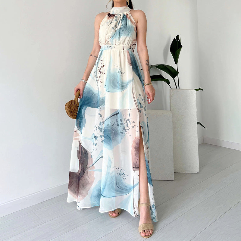 Women's Summer Hanging Neck High Waist Repair Sexy Graffiti Lace Open Dress