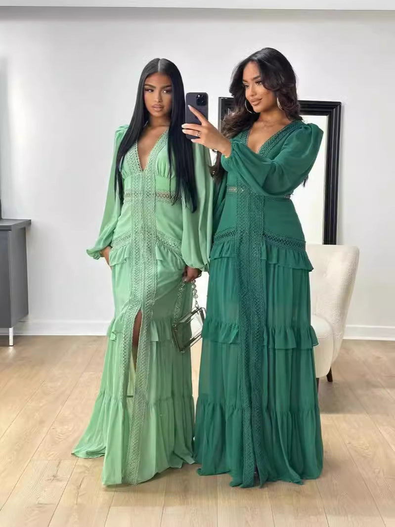 2024 Elegant Splicing Long-Sleeved V-Neck Dress Women's Long Dress