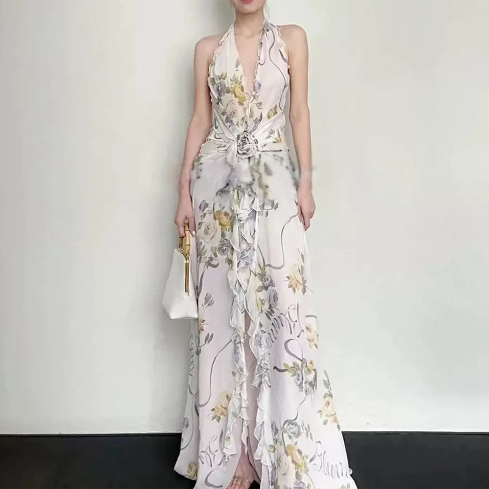 Sleeveless V-Necked Neck Dress With Wooden Ears Exposed Back Long Dress Beach Beach Seaside Holiday Dress