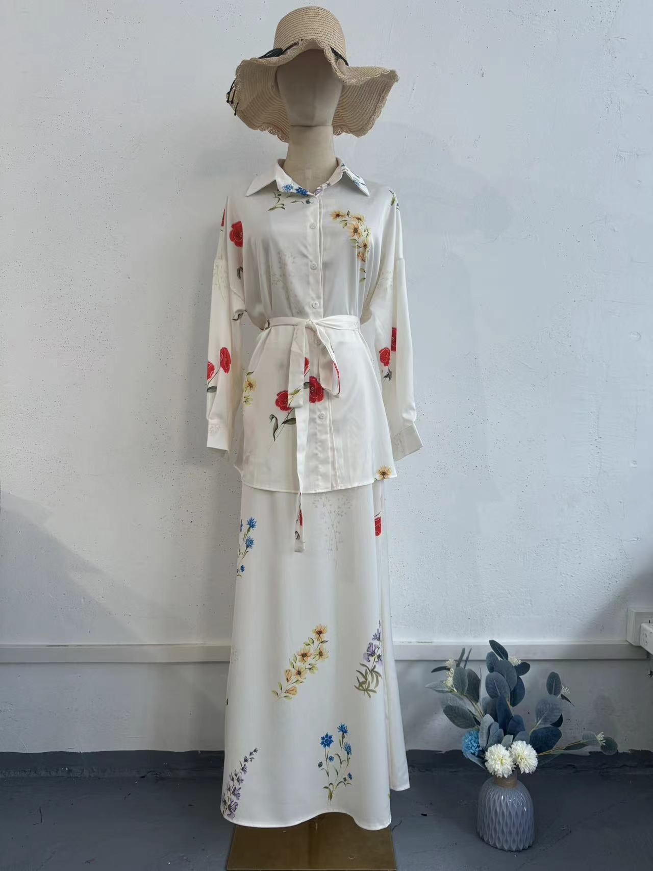 With Thin Fashion Flower Print Casual Silk Dress Two-Piece Set