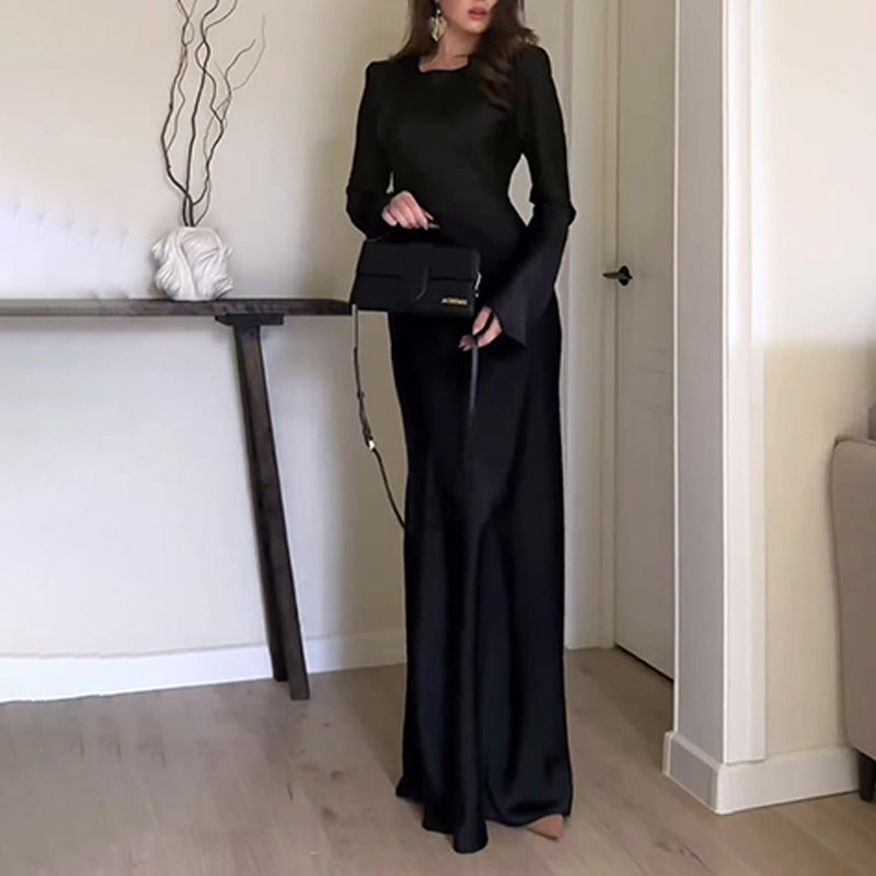 Women's Round-Neck High-Rise Long Dress Micro-Horn Sleeve Slimming-Bum-Bum-Bum Dress