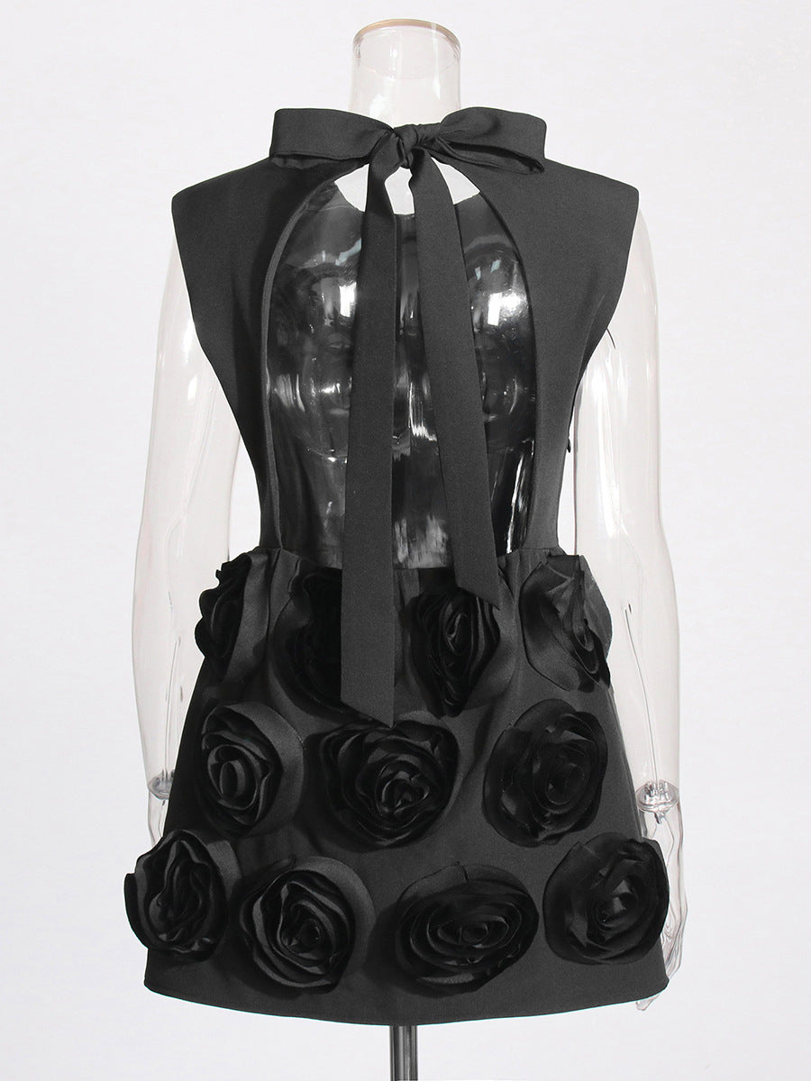 Temperament Elegant Style Dress 2025 Spring New Sleeveless Tie Spliced Three-Dimensional Flowers Short Dress Woman
