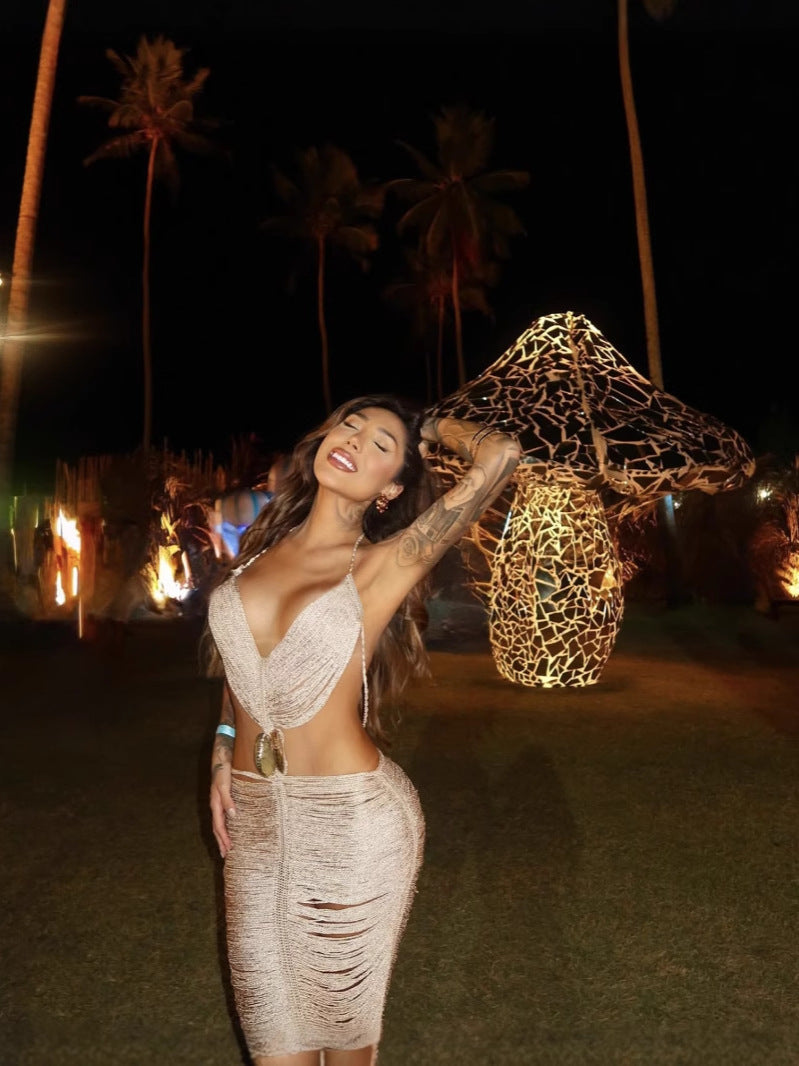 Spring And Summer Fashion Shell Esbead Hanging Neck Strap Sexy Body Butt Adjustable Long Skirt LX0135