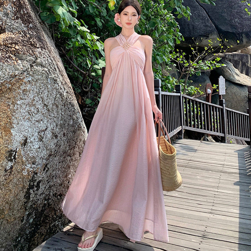 New Summer Photo Wearing Hanging Neck Beach Dress Sanya Seaside Holiday Dress Woman