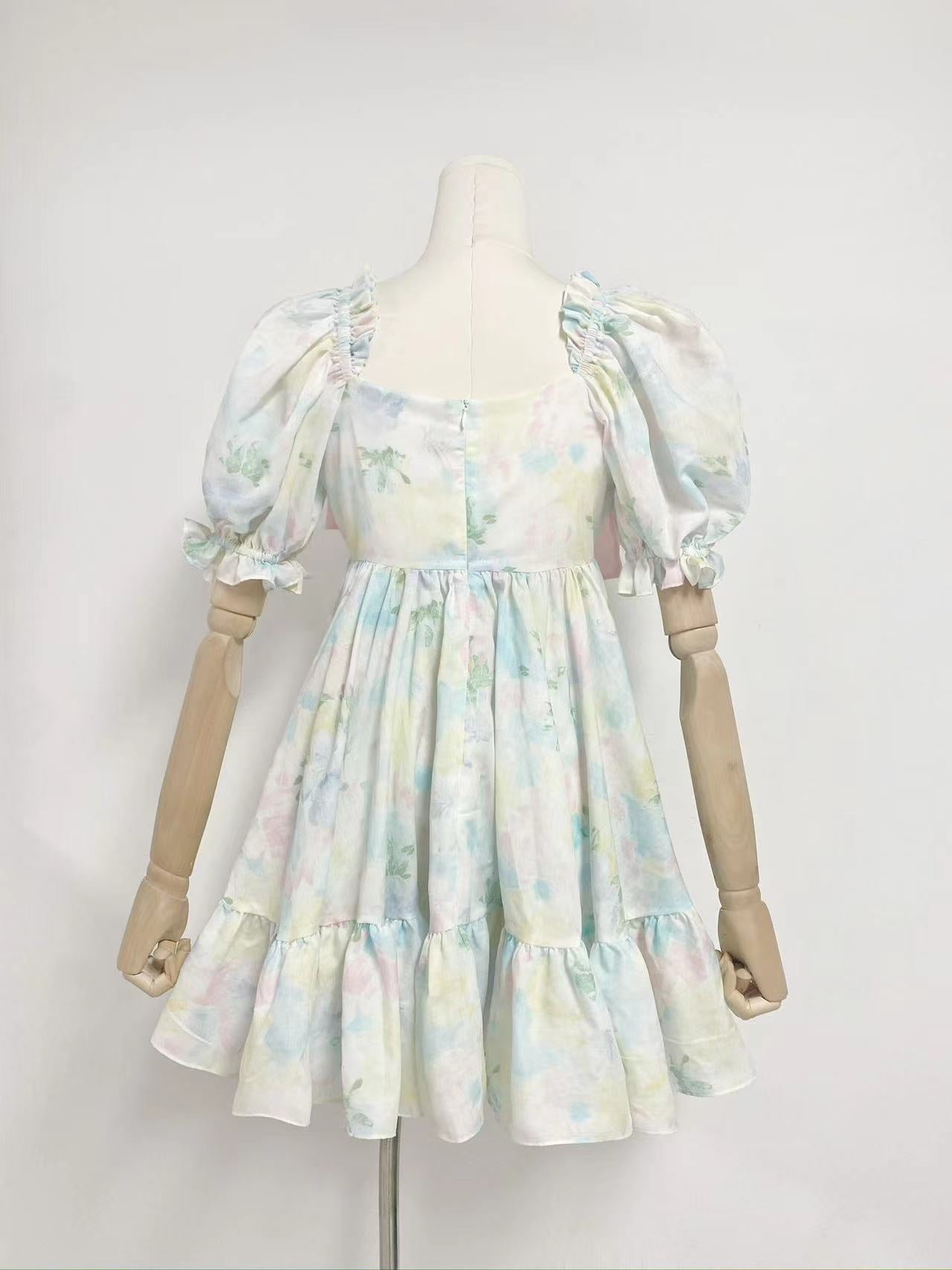 Summer New Square Collar Bubble Sleeve Bow Tie With Belt Print Short Dress Woman