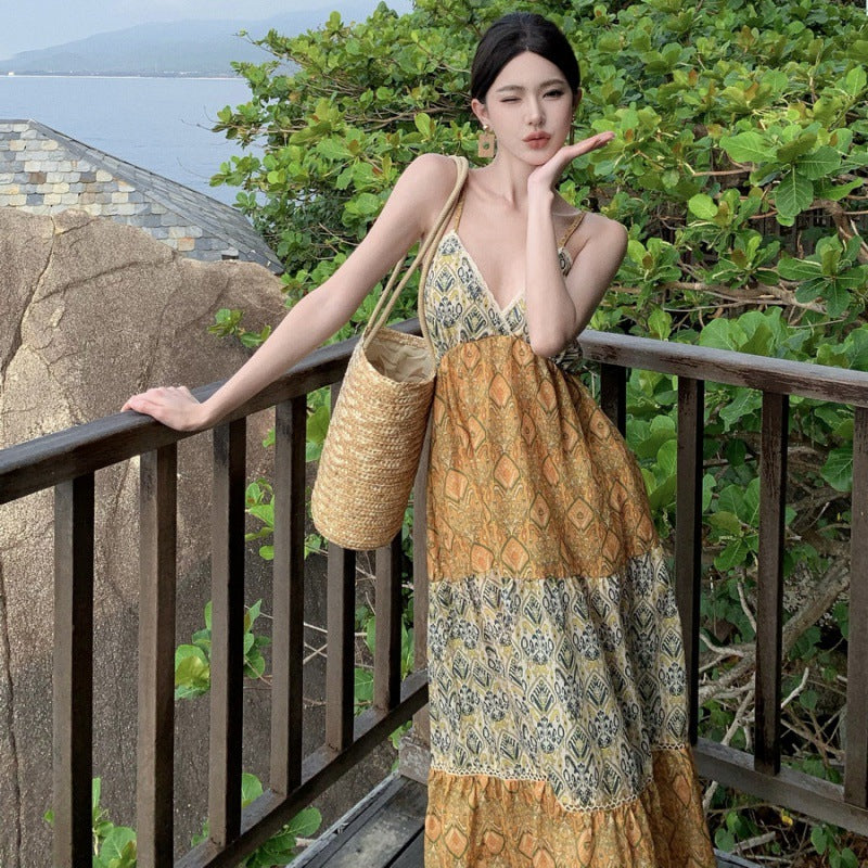Summer Dress New Seaside Holiday Wind Loose Sling V Tie Print Splicing Dress Dress Waist And Ankle