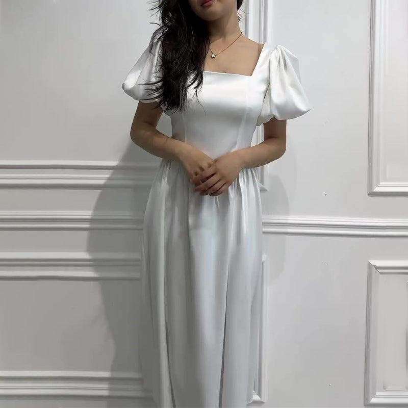 Women's Summer French Style Collar Bubble Sleeve High-Rise Body-Daughter Collared Collar