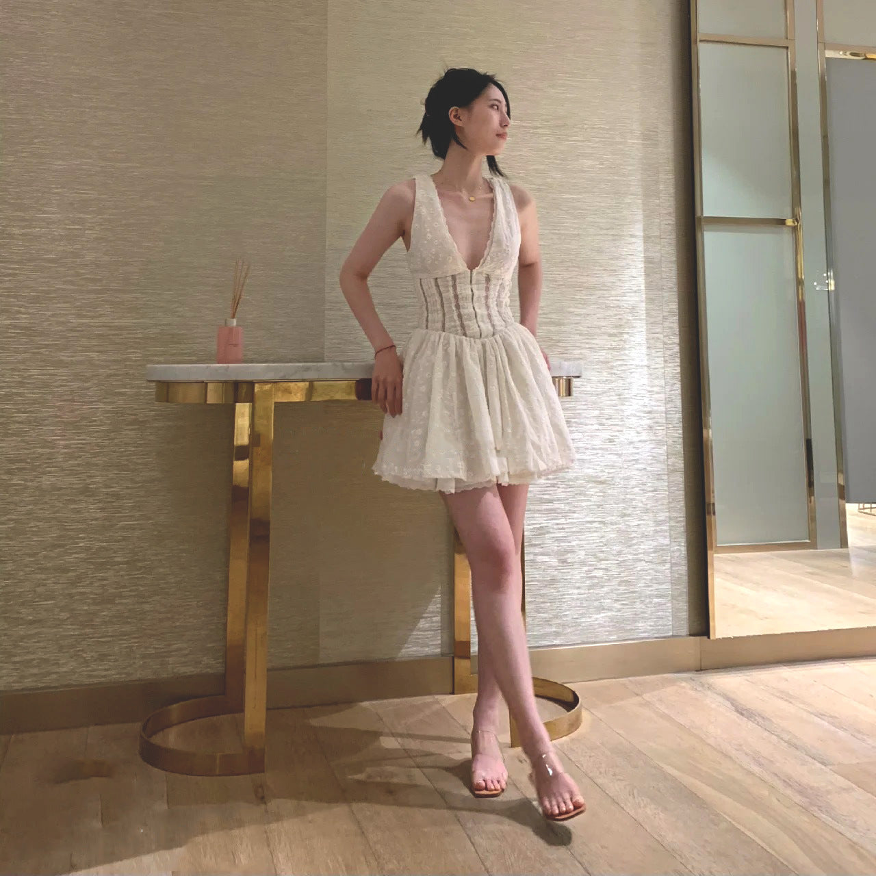 Design Embroidery Waist Temperament Thin Dress 2024 Summer Pure Sexy Hollow High Waist Fluffy Skirt