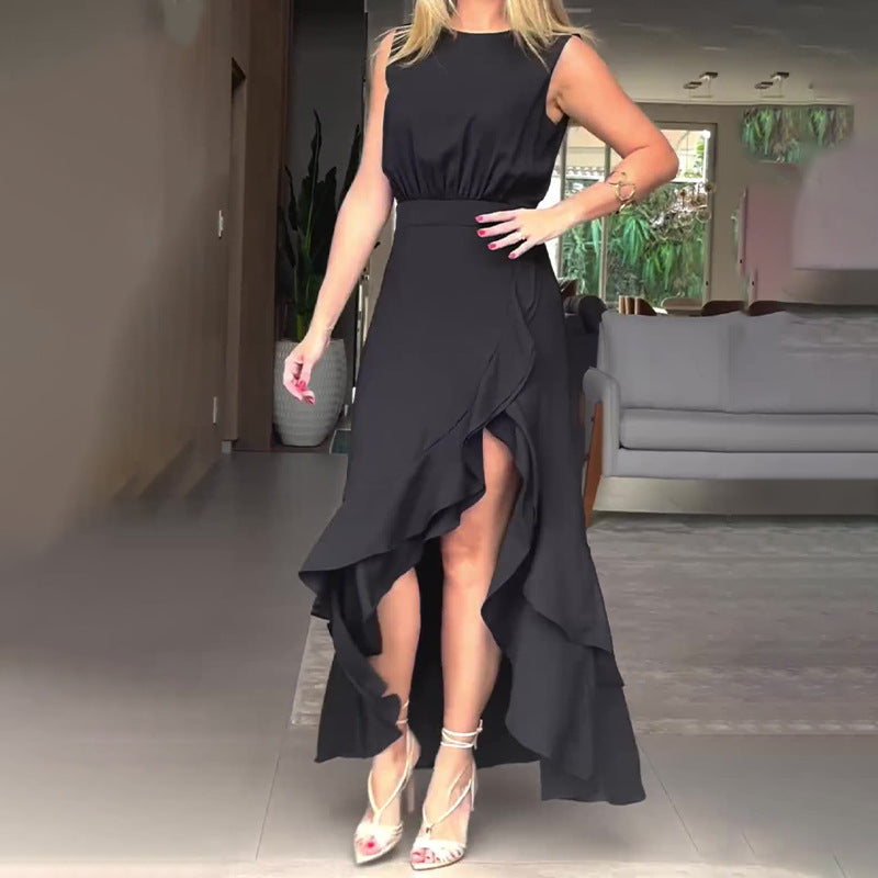 Fashion Round-Necked Wood-Less Solid-Colored Dress In Summer 2024