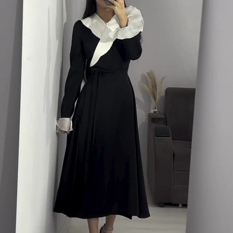 Cross Lotus Collar Temperament Black And White Bumpy Leaf Sleeve Umbrella Dress Dress Dress Dress