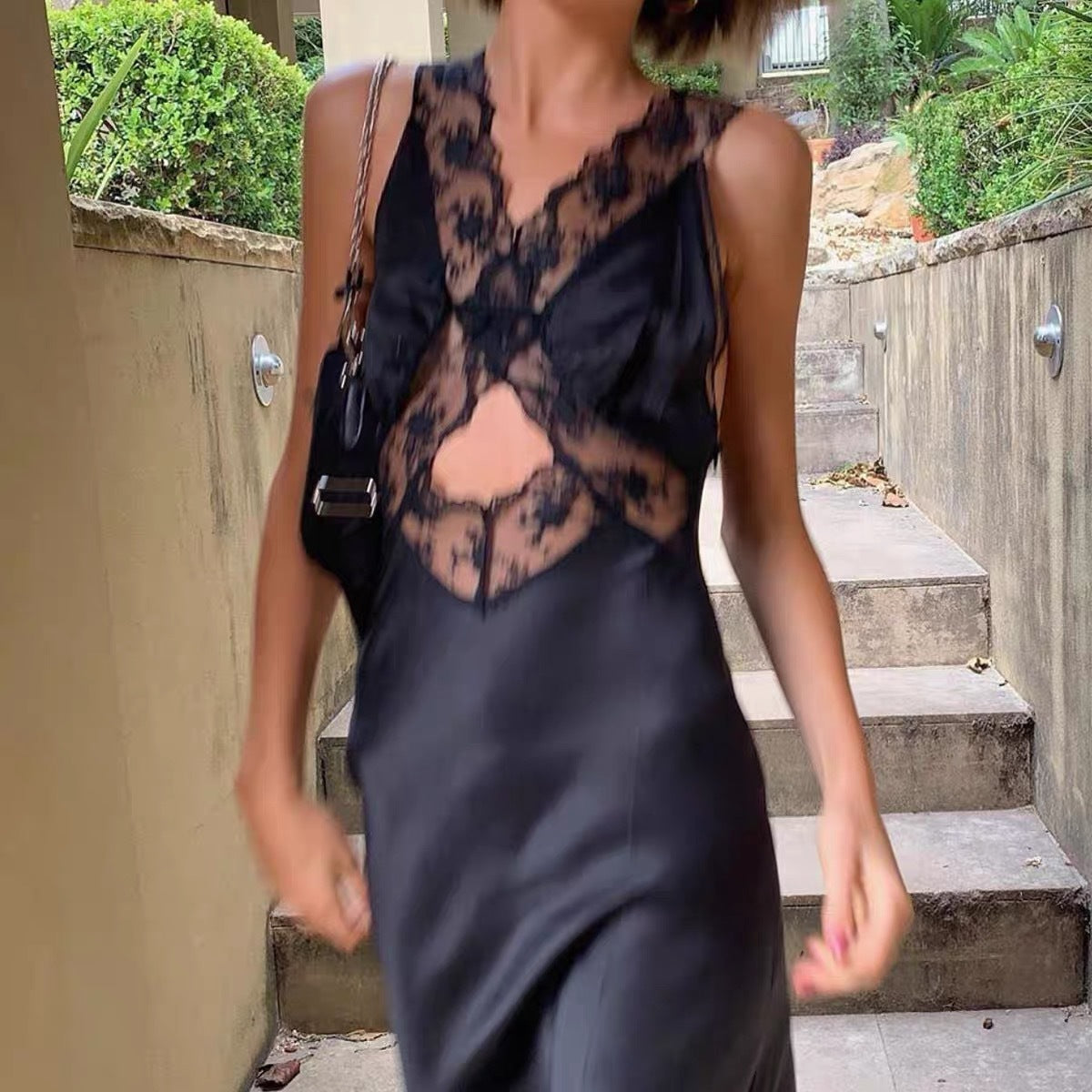 Lazy French Holiday Long Lace Dress Sexy Pure Hot Girl Show Back V-Neck Dress Girl