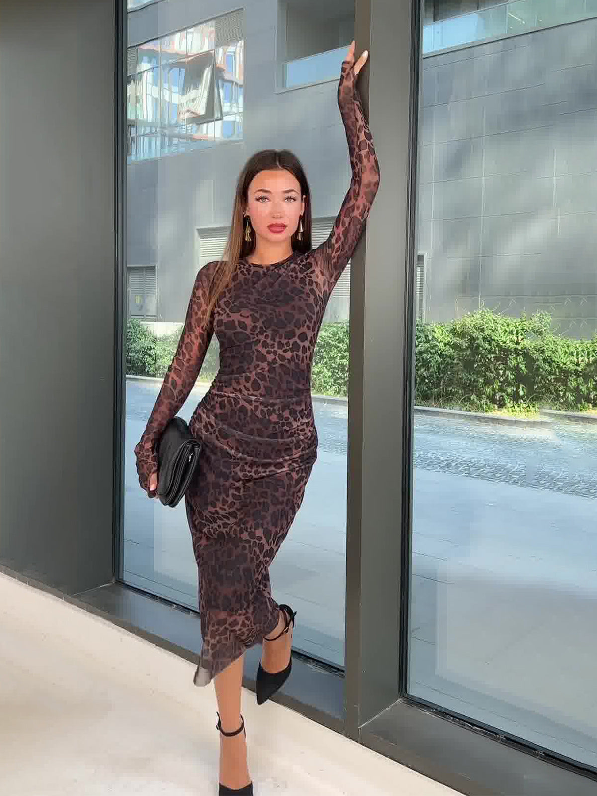 2024 New Temperament Round-Neck Print Leopard Print Mid-Rise Dress Dress Dress Woman