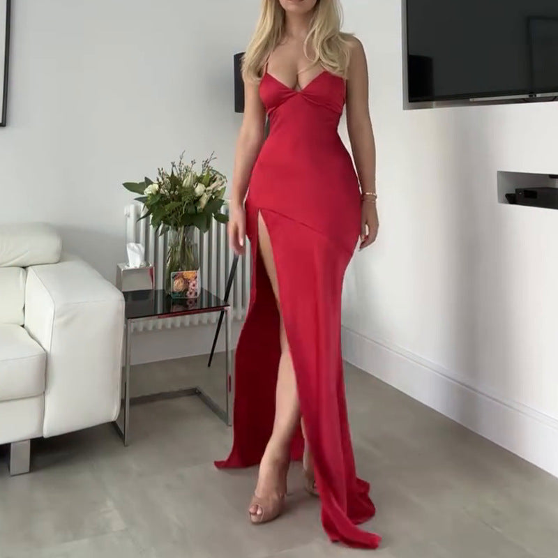 Sexy V-Neck Open Fork In 2024 Solid-Colored Banquet Showback Dress