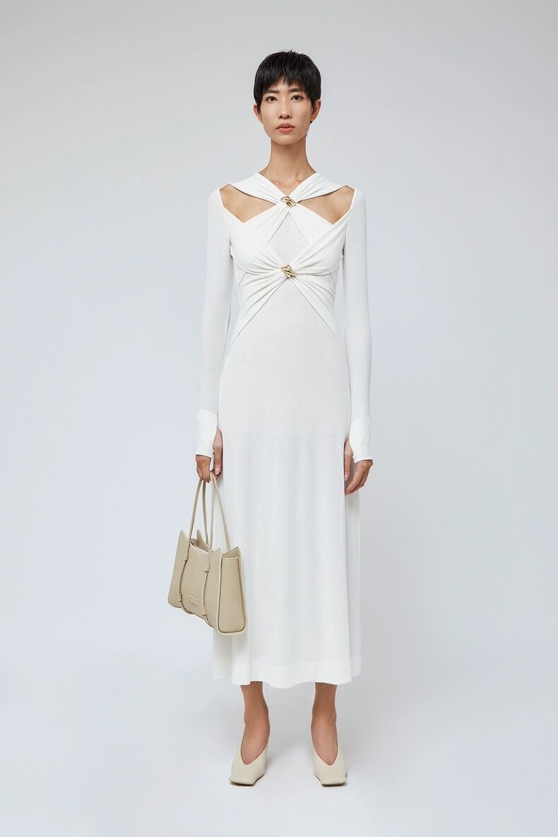 Knitted Long Dress 2025 Spring Famous Temperament Cross-Toning Knot Hollow Folded Slimming Dress