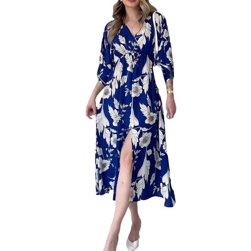 Women's Summer V-Necked Print Skirt High Waist-Comfort Temperament Open-Broken Flower Dress