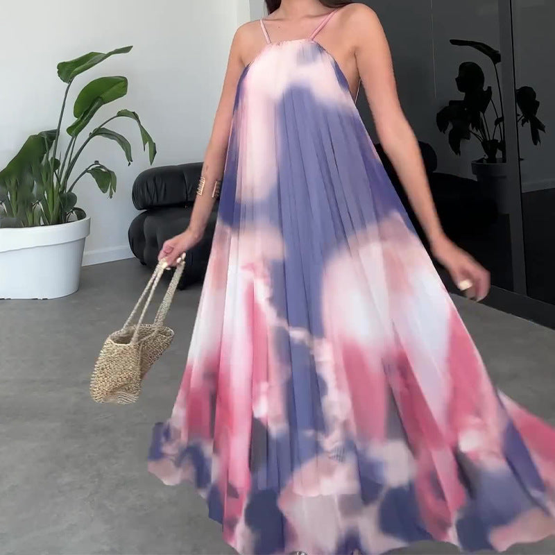 2024 Women's Sling Tie-Dye Purple Print Loose-Back Sexy Dress