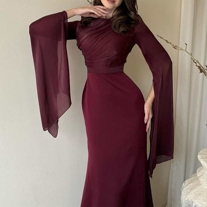 And Autumn 2024 Solid Color Splicing Big Swing Sleeve Collar Body Repair Dress Dress