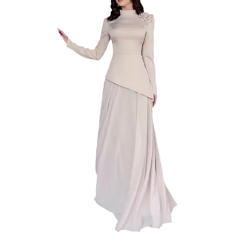 Women's Autumn Half-High Collared Velvet Decorated High-Waist Temperament Splicing Skirt