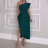 Summer Slanted Shoulder Dress High-Waist Irregular Open Fork Sexy Long Dress Girl