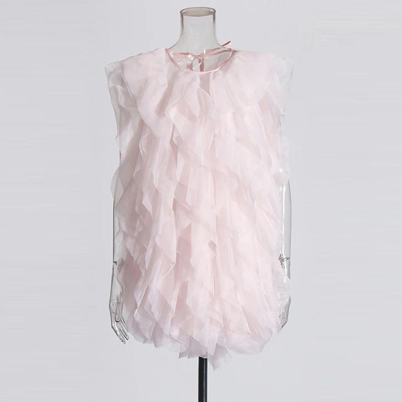 Temperament Thin Dress Women's Dress 2025 Spring New Sleeveless Wood Ear Folding Mesh Cake Skirt