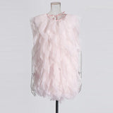 Temperament Thin Dress Women's Dress 2025 Spring New Sleeveless Wood Ear Folding Mesh Cake Skirt