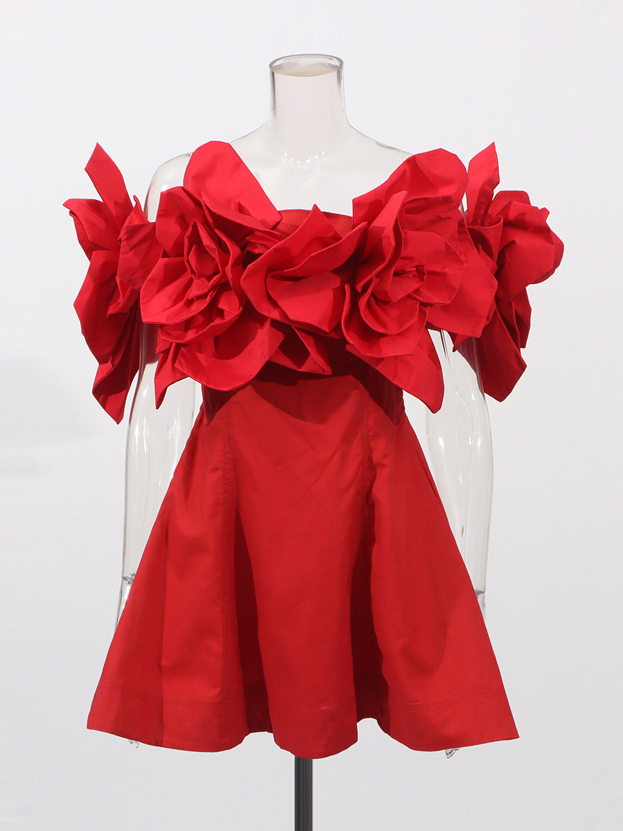 Evening Dress Three-Dimensional Flowers Spliced A Word Shoulder Skirt 2025 New Women's Summer Waist Solid Color Dress Women