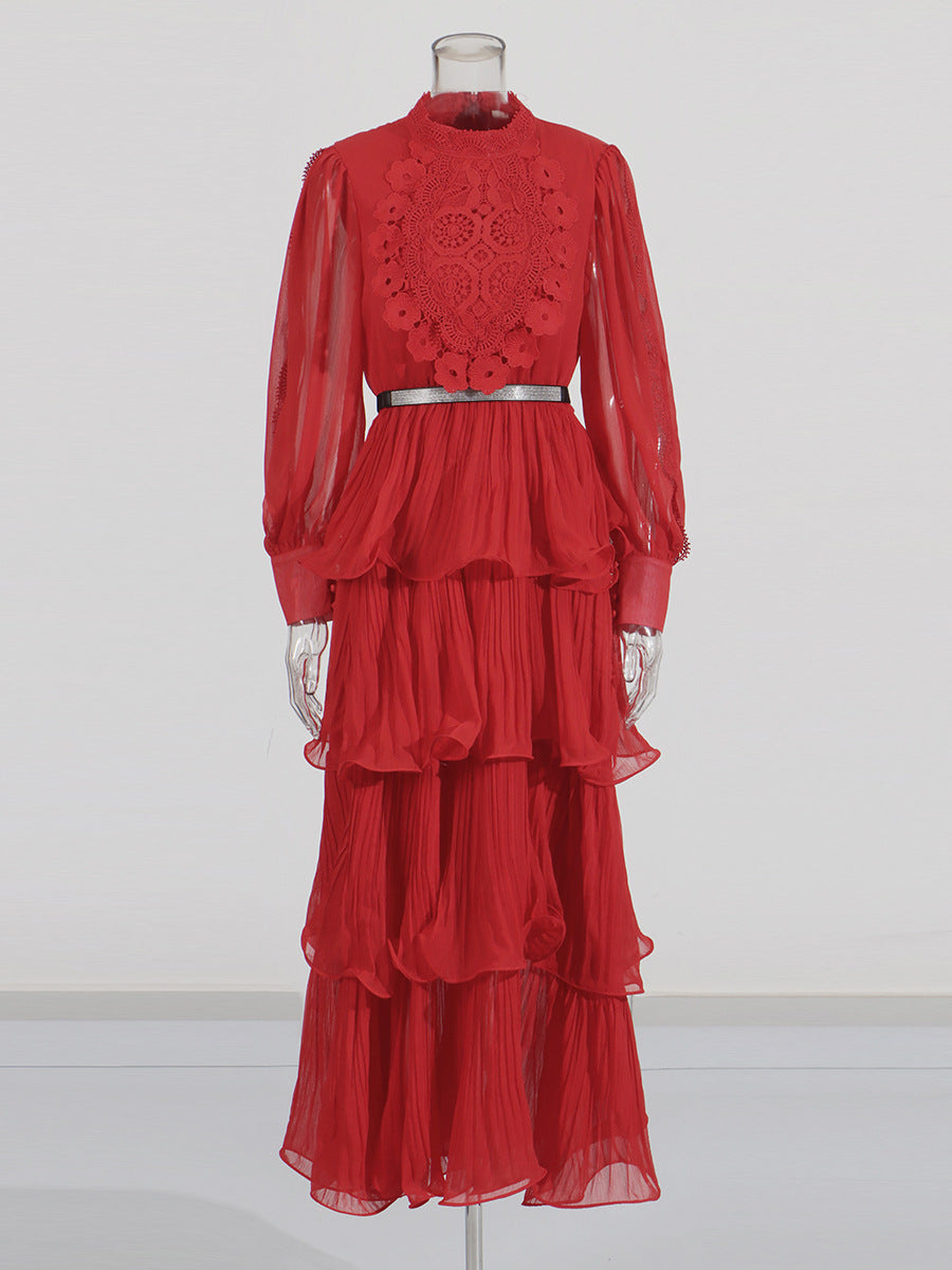Lotus Leaf-Side Dress Spring 2025 New Temperament Elegant Embroidered Design Belt Long-Sleeved Dress