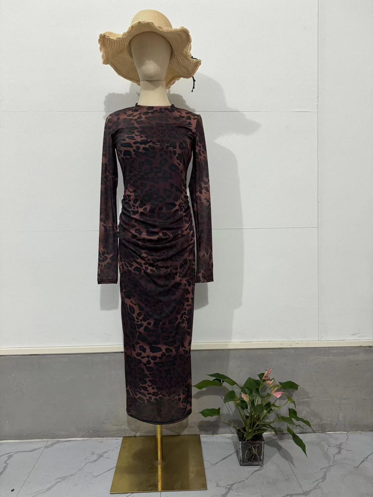 2024 New Temperament Round-Neck Print Leopard Print Mid-Rise Dress Dress Dress Woman