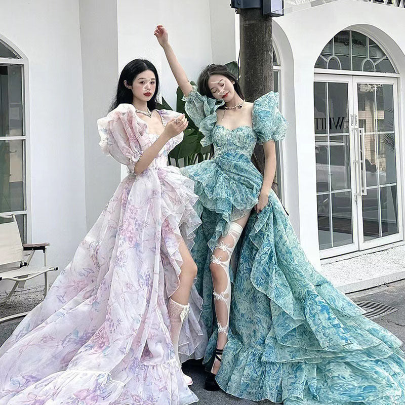 2025 New Fugitive Princess French Retro Niche Design Chopped Flowers Tailed Collar Bubble Sleeve Dress