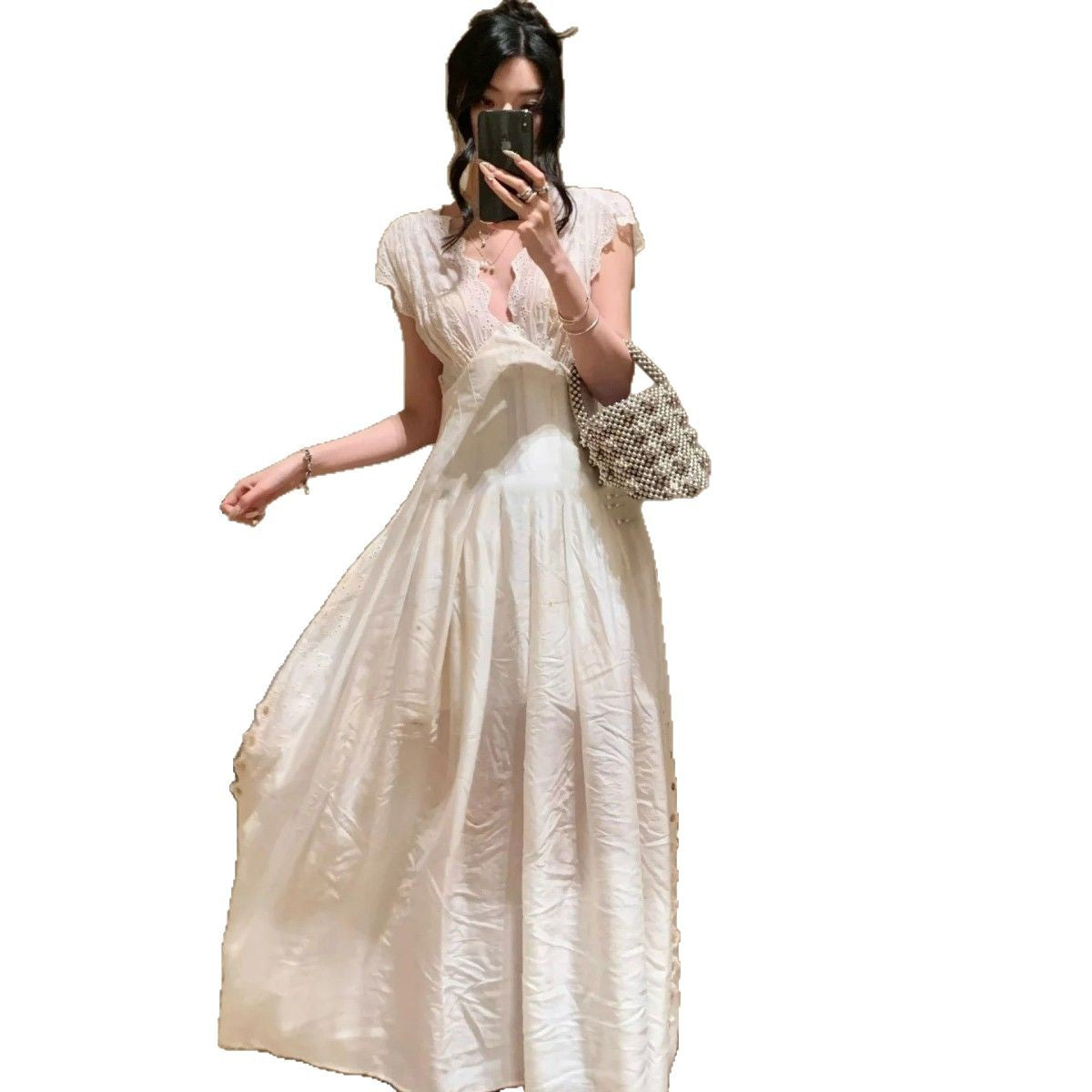Embroidered V-Necked White Dress
