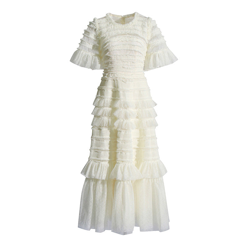 Elegant Dress 2025 Spring New Round Neck Pressure Folding Mesh Splicing Wave Point Cake Skirt