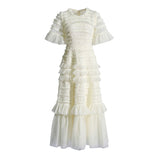 Elegant Dress 2025 Spring New Round Neck Pressure Folding Mesh Splicing Wave Point Cake Skirt