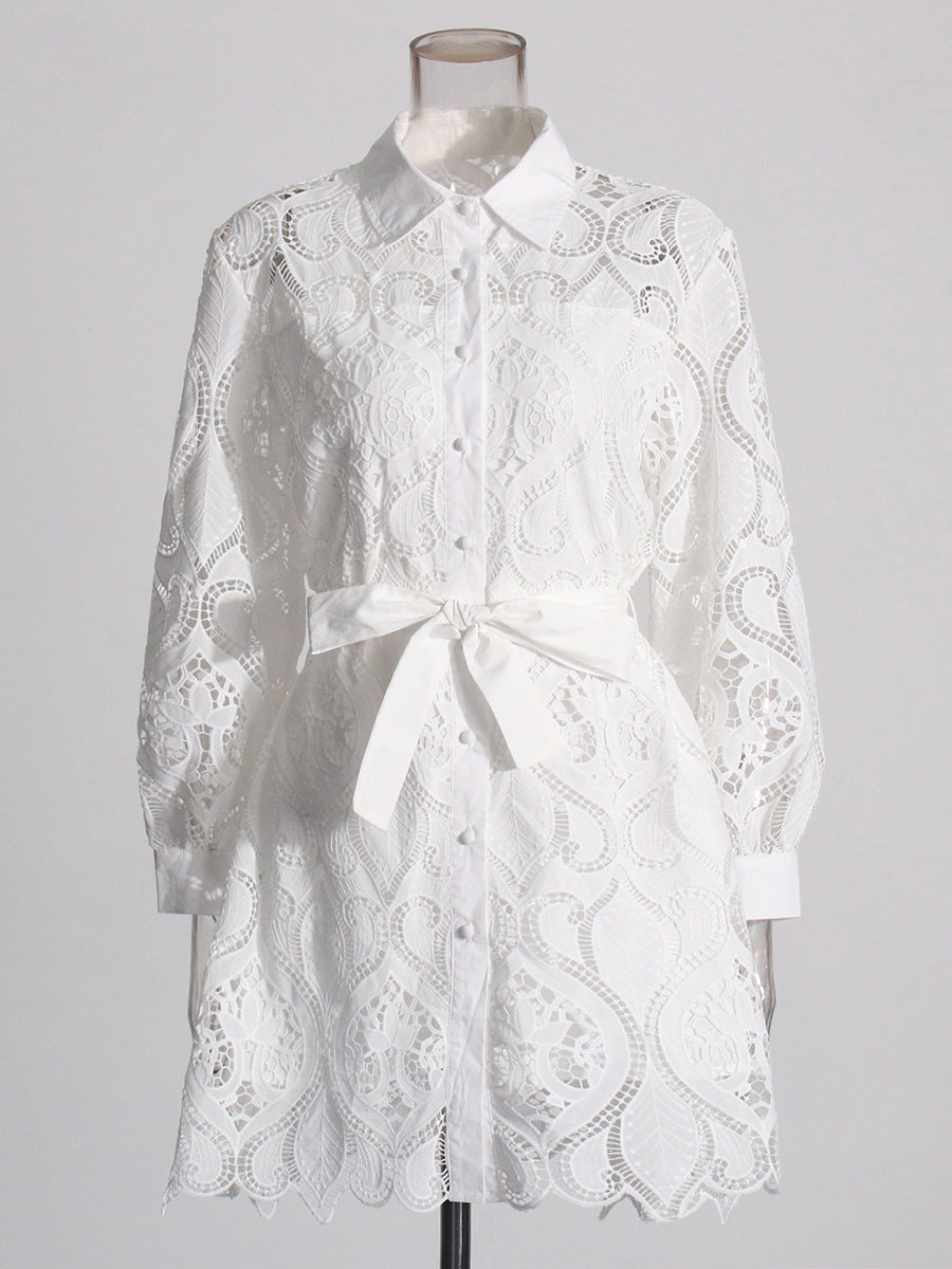 French Retro Embroidered Short Dress 2025 Summer New Collar Long Sleeves To Close The Waist Irregular Dress Woman